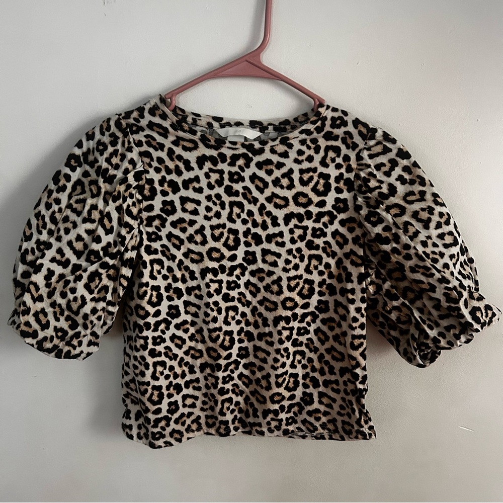 H&M Leopard Print Puff Sleeve Top - Black and Tan